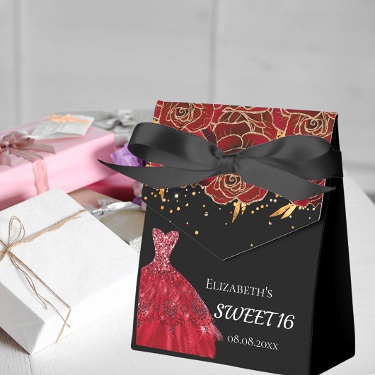 Ballotins Sweet 16 fleurs de robe rouge noire merci