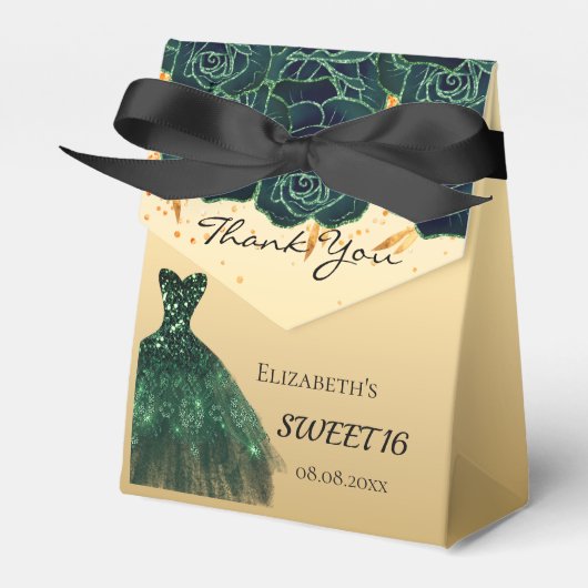 Ballotins Sweet 16 fleurs d'or vert robe merci (Verso)