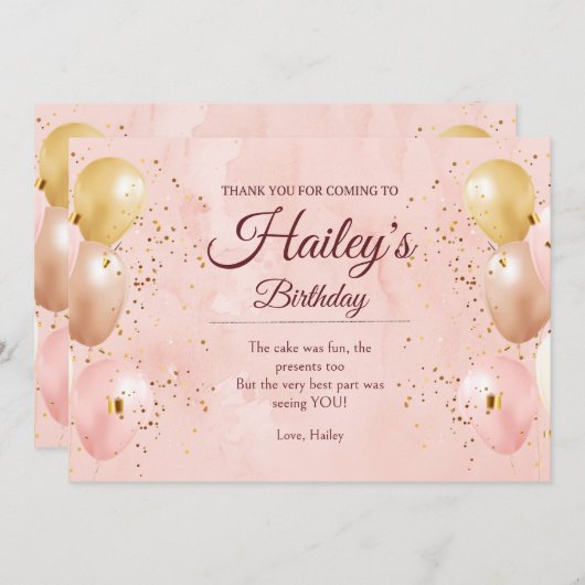 Ballotte rose Carte de remerciements d'anniversair (Devant / Derrière)