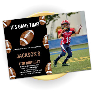 Balls Black Football Birthday Invitations w foto Kaart