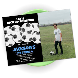 Balls Black Soccer Birthday Invitations met foto Kaart