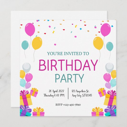 Balons modernes Invitation de fête d'anniversaire (Devant / Derrière)