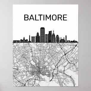 Baltimore Maryland City Skyline met kaart Poster