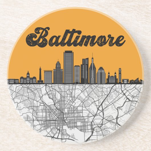 Baltimore Maryland City Skyline met kaart Zandsteen Onderzetter (Voorkant)