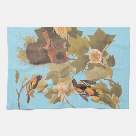 Baltimore Oriole Audubon Bird Family met Nest Theedoek (Horizontaal)