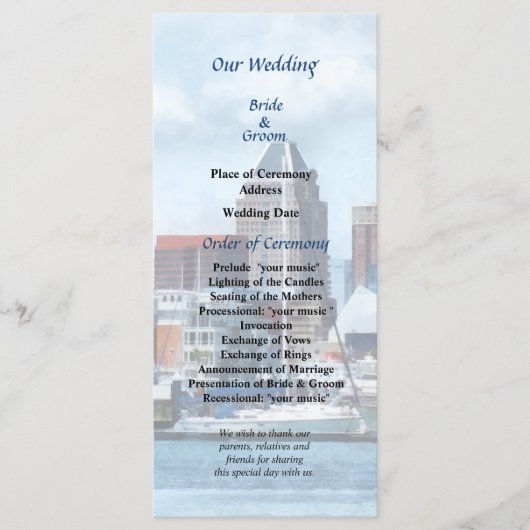 Baltimore Skyline en Harbour Wedding Programme Programma (Voorkant)