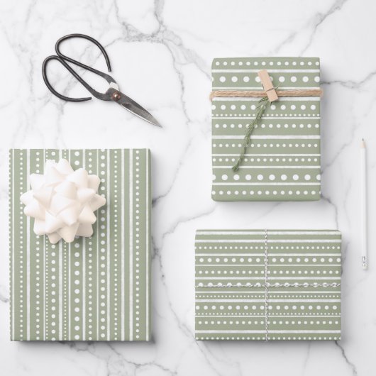 Bamanko Boho Sage Green Stippen and Stripes Patter Inpakpapier Vel (Voorkant)