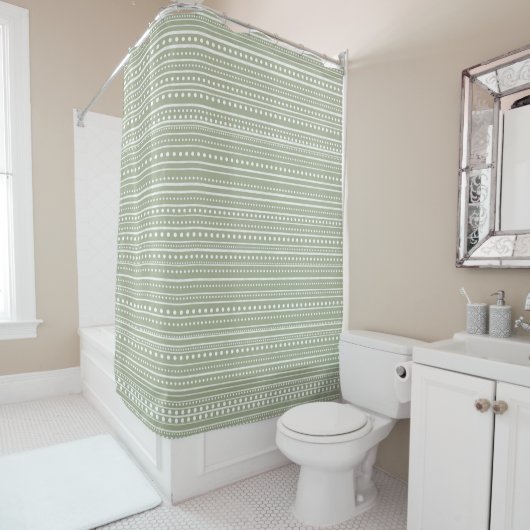 Bamanko Dotted Striped Mudcloth Pattern Sage Green Douchegordijn (In situ)