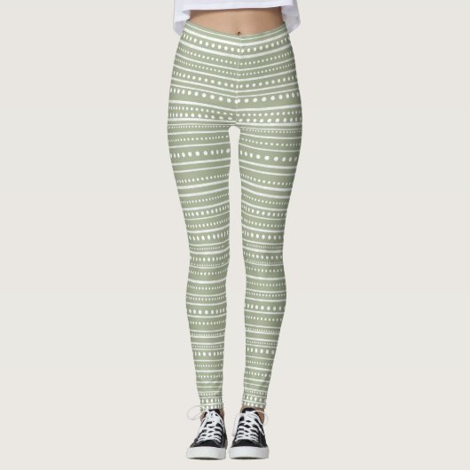 Bamanko Dotted Striped Mudcloth Pattern Sage Green Leggings (Voorkant)