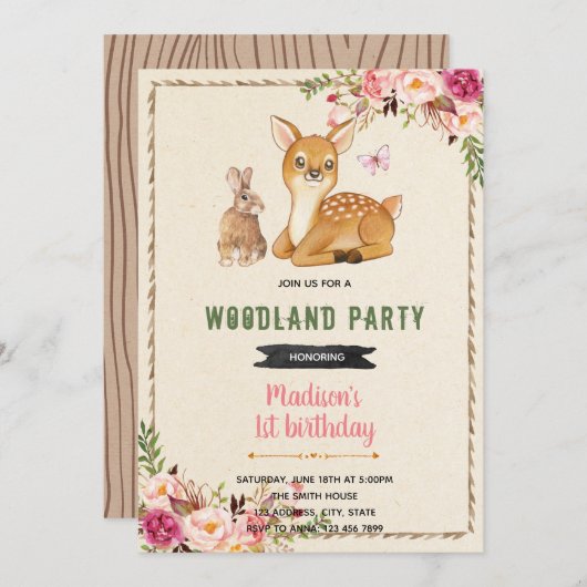 Bambi konijn thema bos hert thema uitnodiging (Voorkant / Achterkant)