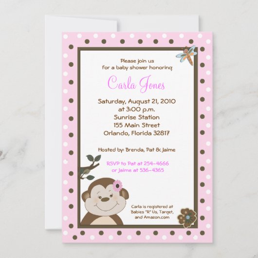 Bambino Baby shower de singe rose Invitations (Devant)