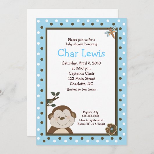 Bambino Monkey Blue 5x7 Baby shower Invitation (Devant / Derrière)