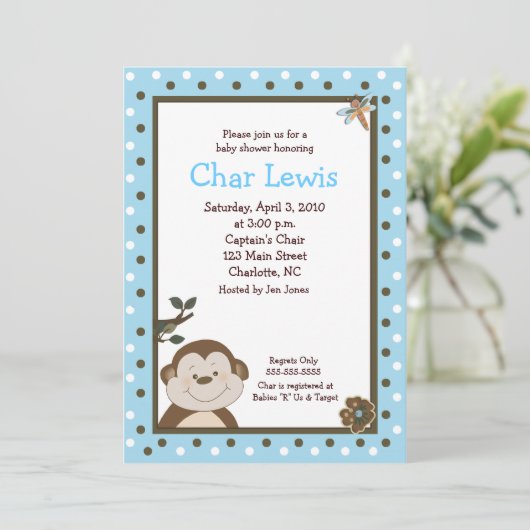 Bambino Monkey Blue 5x7 Baby shower Uitnodiging (Staand voorkant)