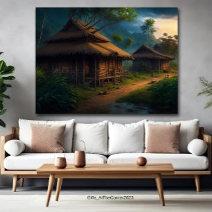 Bamboe hut in het dorp poster