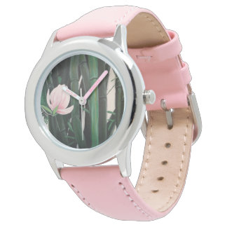Bamboe magnolia's - aangepaste horloge, lederen ba horloge