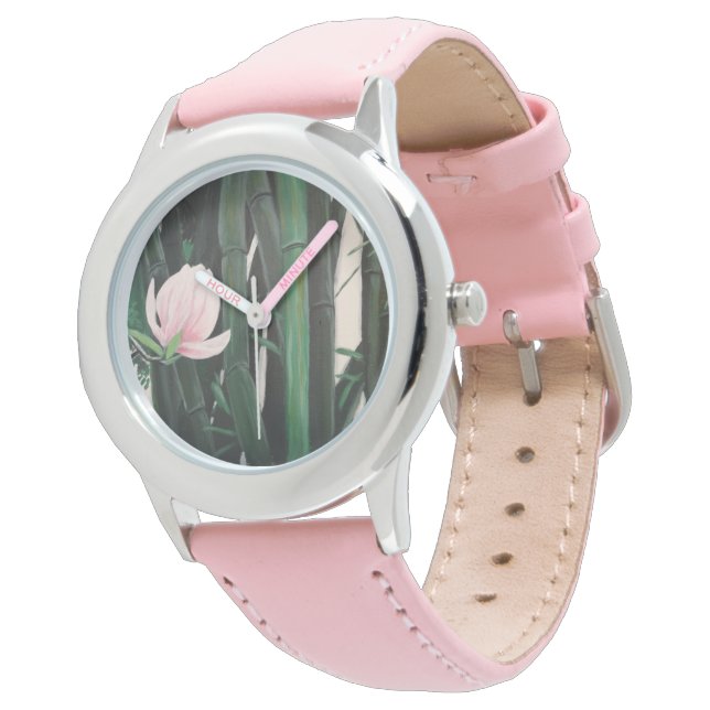 Bamboe magnolia's - aangepaste horloge, lederen ba horloge (Gekanteld)