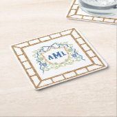 Bamboe & Olive Topiary Crest | Monogram Vierkante Kartonnen Onderzetter (Schuin)