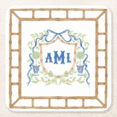 Bamboe & Olive Topiary Crest | Monogram Vierkante Kartonnen Onderzetter (Voorkant)