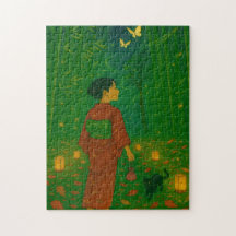 Bamboe pad met kimono meisje en kat