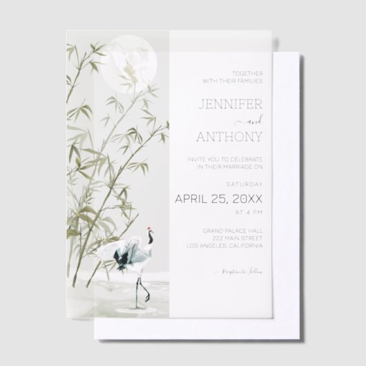 Bamboe Planten en Crane Bruiloft Vellum Uitnodigingen (Offset)