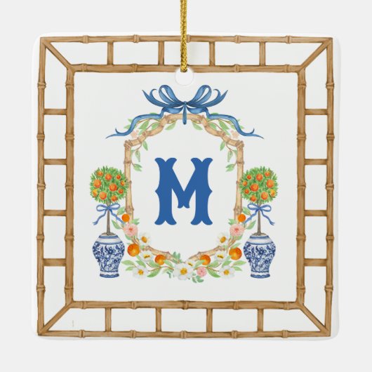 Bamboe & Sinaasappel Topiary Crest | 1-letter mono Keramisch Ornament (Achterkant)