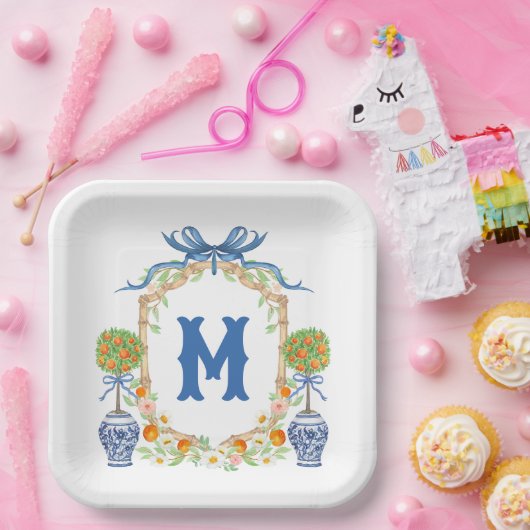 Bamboe & Sinaasappel Topiary Crest | 1-letter mono Papieren Bordje (Feest)