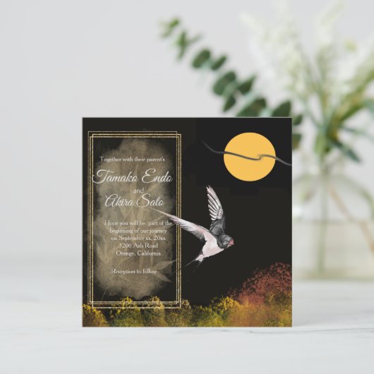 Bamboe & Swallow Wedding Invitation Kaart (Staand voorkant)