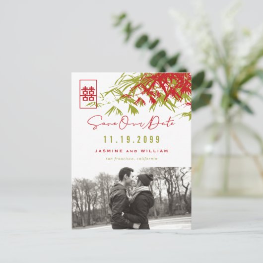 Bamboo laat dubbelgeluksfoto achter op de datum wa aankondigingskaart (Staand voorkant)