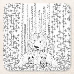 Bamboo Panda Doodle Vierkante Kartonnen Onderzetter