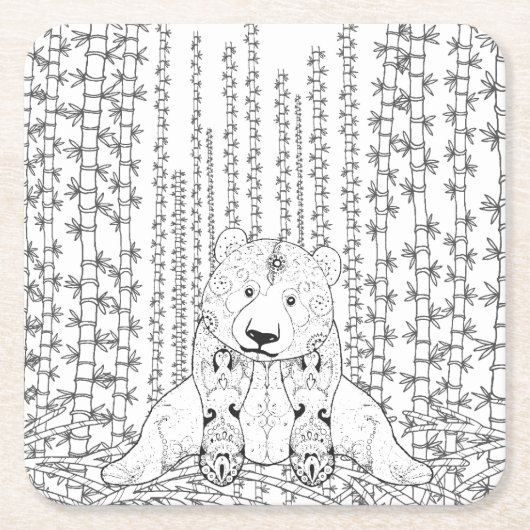 Bamboo Panda Doodle Vierkante Kartonnen Onderzetter (Voorkant)