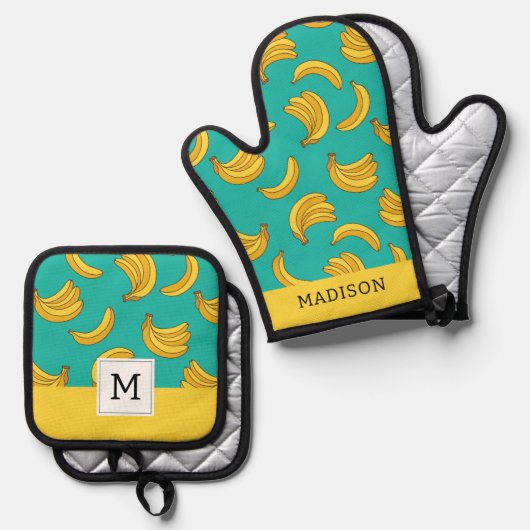 Banaan Fruit Fun Patroon Ovenwant & Pannenlap Set (Voorkant / Achterkant)