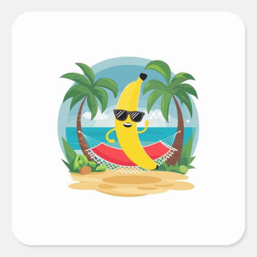 Banaan op de hangmat op het strand vierkante sticker (Voorkant)