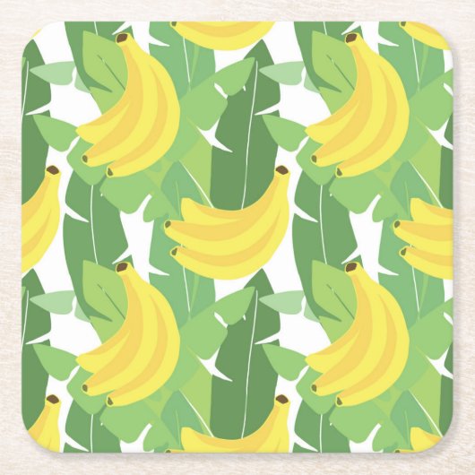 Banaanbladeren en fruitpatroon vierkante kartonnen onderzetter (Voorkant)