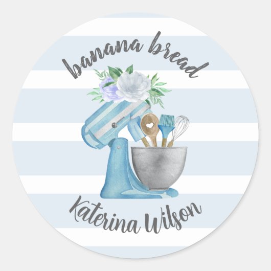 Banana Bread Label Blue Flower Mixer Small Bakery (Voorkant)