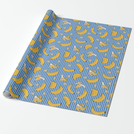 Banana Stripe Vector Pattern | Klassiek blauw Cadeaupapier (Uitgerold)