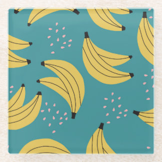  bananenpatroon, blauwe achtergrond. glazen onderzetter