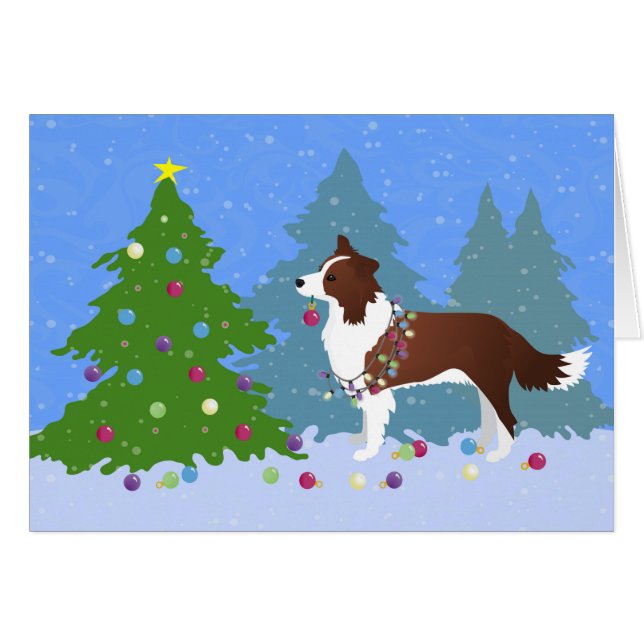 Band Collie Dog die kerstboom decorteert (Voorkant Horizontaal)