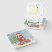 Band Collie dog in Snow met kerstcadeaus Stenen Onderzetter (Zijkant)