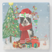 Band Collie dog in Snow met kerstcadeaus Stenen Onderzetter (Voorkant)
