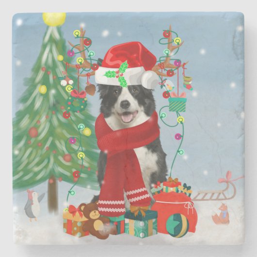 Band Collie dog in Snow met kerstcadeaus Stenen Onderzetter (Voorkant)