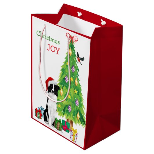 Band Collie Dog Santa Hat en kerstboom Medium Cadeauzakje (Achterkant Gekanteld)