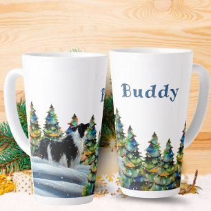 Band-collie in wintersneeuwbos kerstboom latte mok