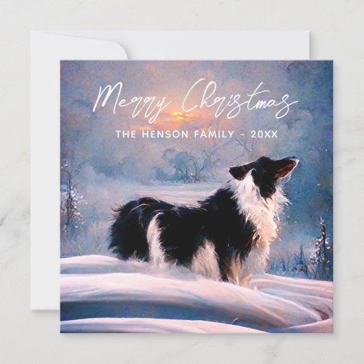 Band-collie in wintersneeuwlandschap Kerstmis Feestdagenkaart (Voorkant)