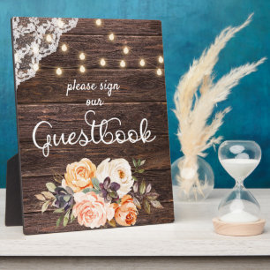 Band met houten kant Blush Peach Floral Guestbook  Fotoplaat