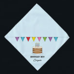 Bandana Gâteau Avec Bannière Colorée Sur Bleu Garçon Anniv<br><div class="desc">L'illustration originale de Destei d'un gâteau d'anniversaire brun avec quatre bougies et une bannière colorée au-dessus du gâteau. La couleur arrière - plan est bleu clair. Une zone de texte personnalisable dit : "Birthday Boy" tandis que sur une autre il y a de l'espace pour un nom.</div>
