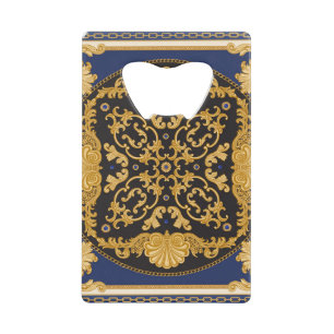 Bandana Print: Zwart Blauw Goud. Kredietkaart Flessenopener