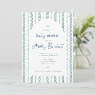 Bande florale folk - Bleu - Invitation Baby shower