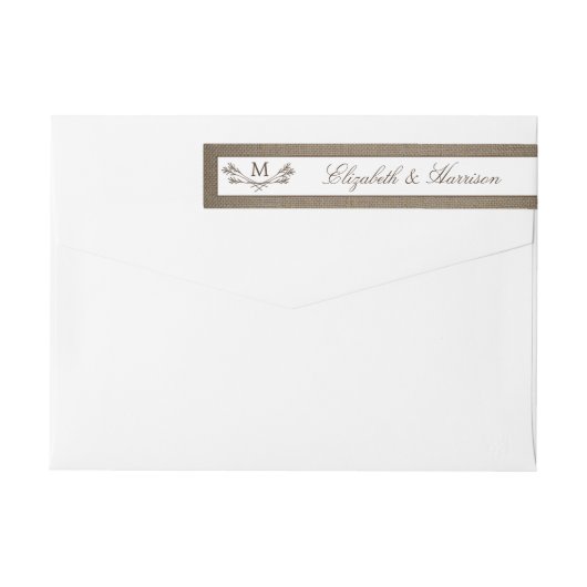 Bande Pour Adresse De Retour Country Rustic Monogramme Branche & Mariage Burlap (Dos)