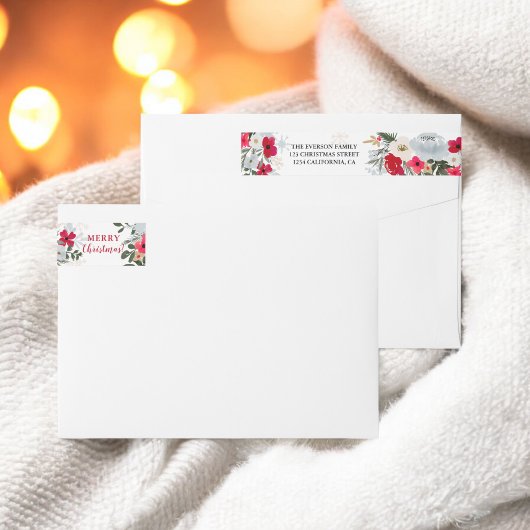 Bande Pour Adresse De Retour Élégant flocon de neige à fleurs rouge vert Noël