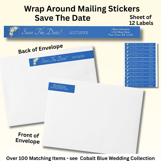 Bande Pour Adresse De Retour Enregistrer La Date, Cobalt Bleu & Blanc Mariage R